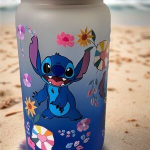 Blue Stitch Floral Water Bottle with lit and straw